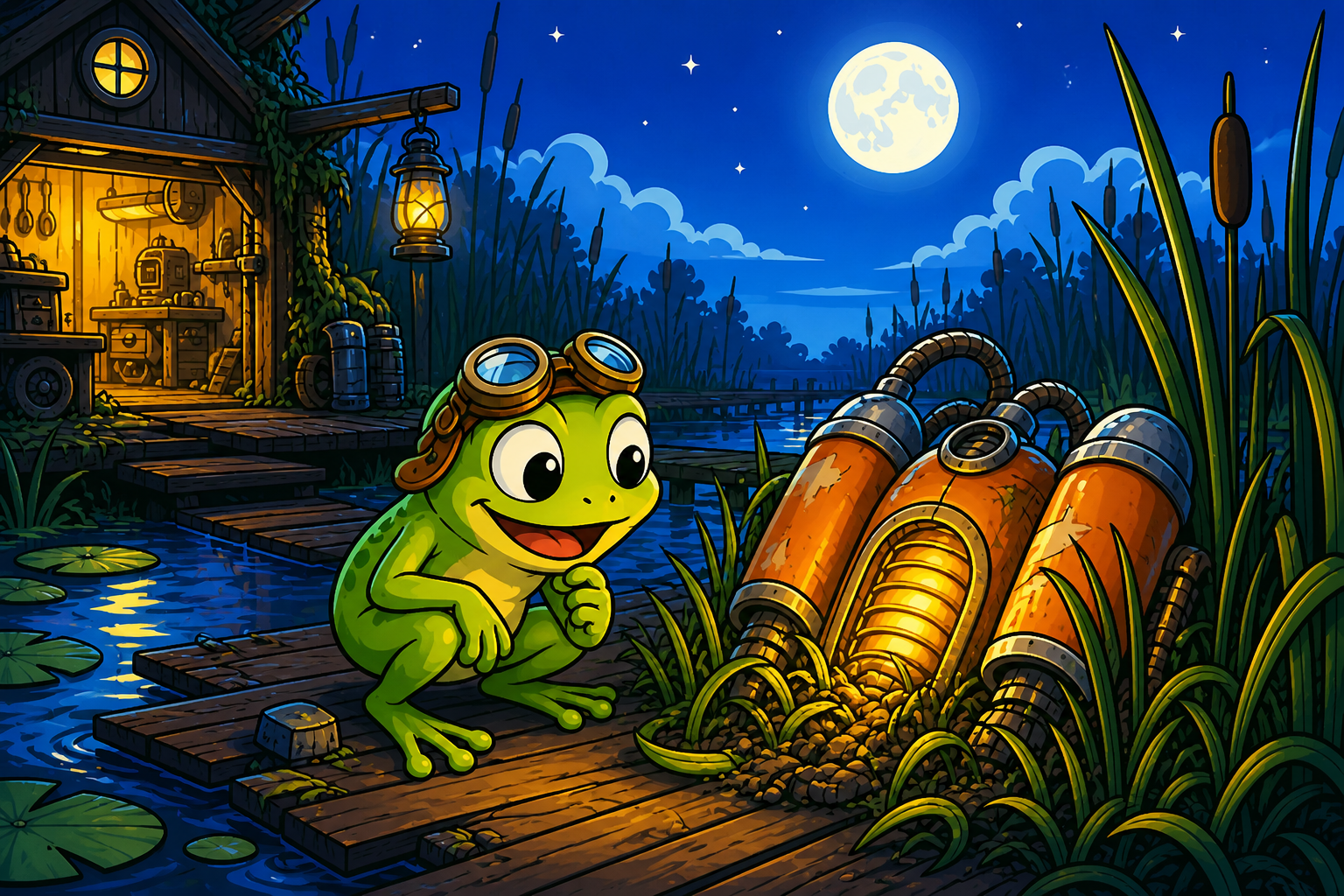 A young frog discovers a glowing jetpack beside his moonlit swamp workshop