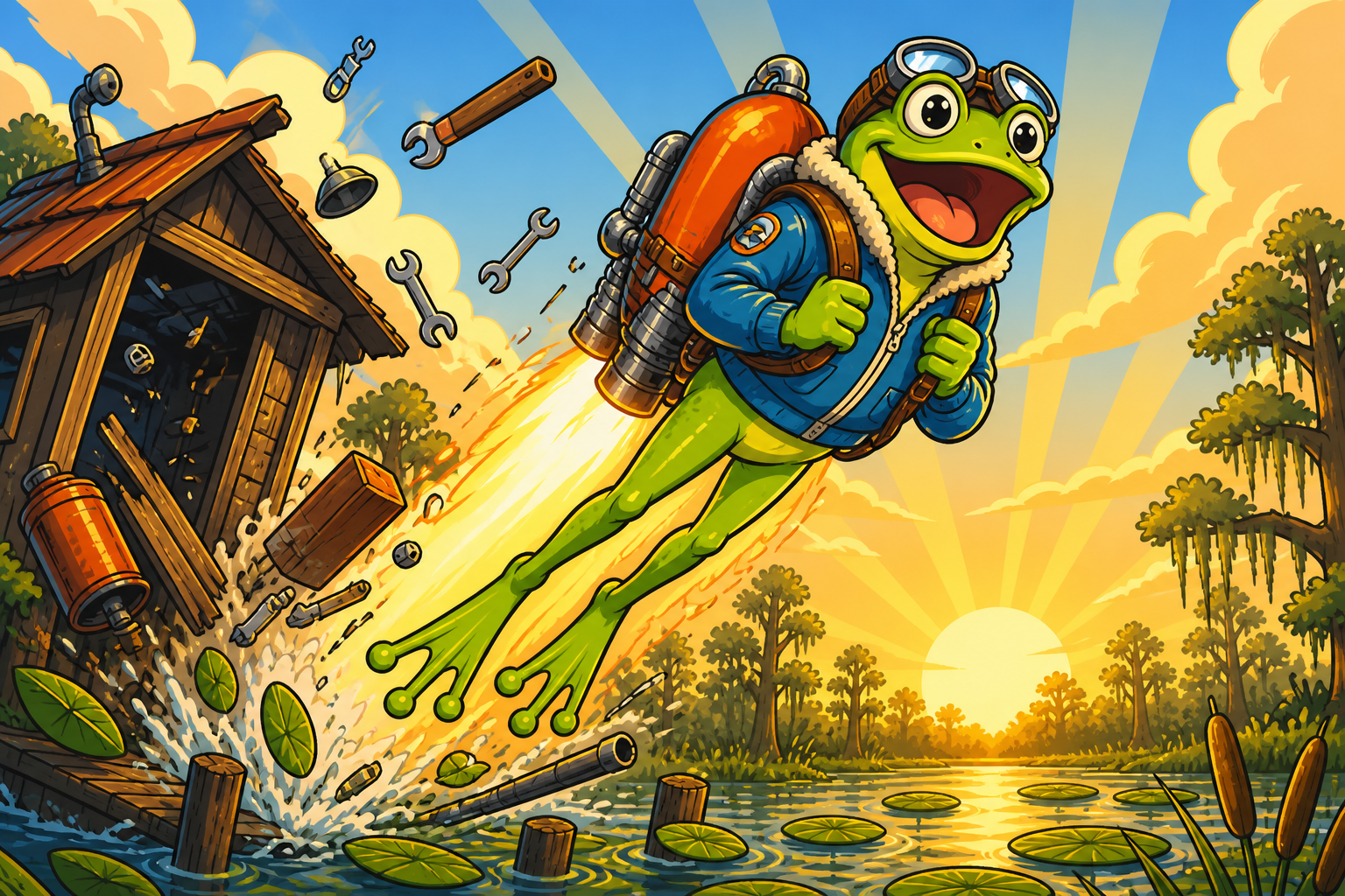 Kip the frog makes his first accidental jetpack flight at sunrise