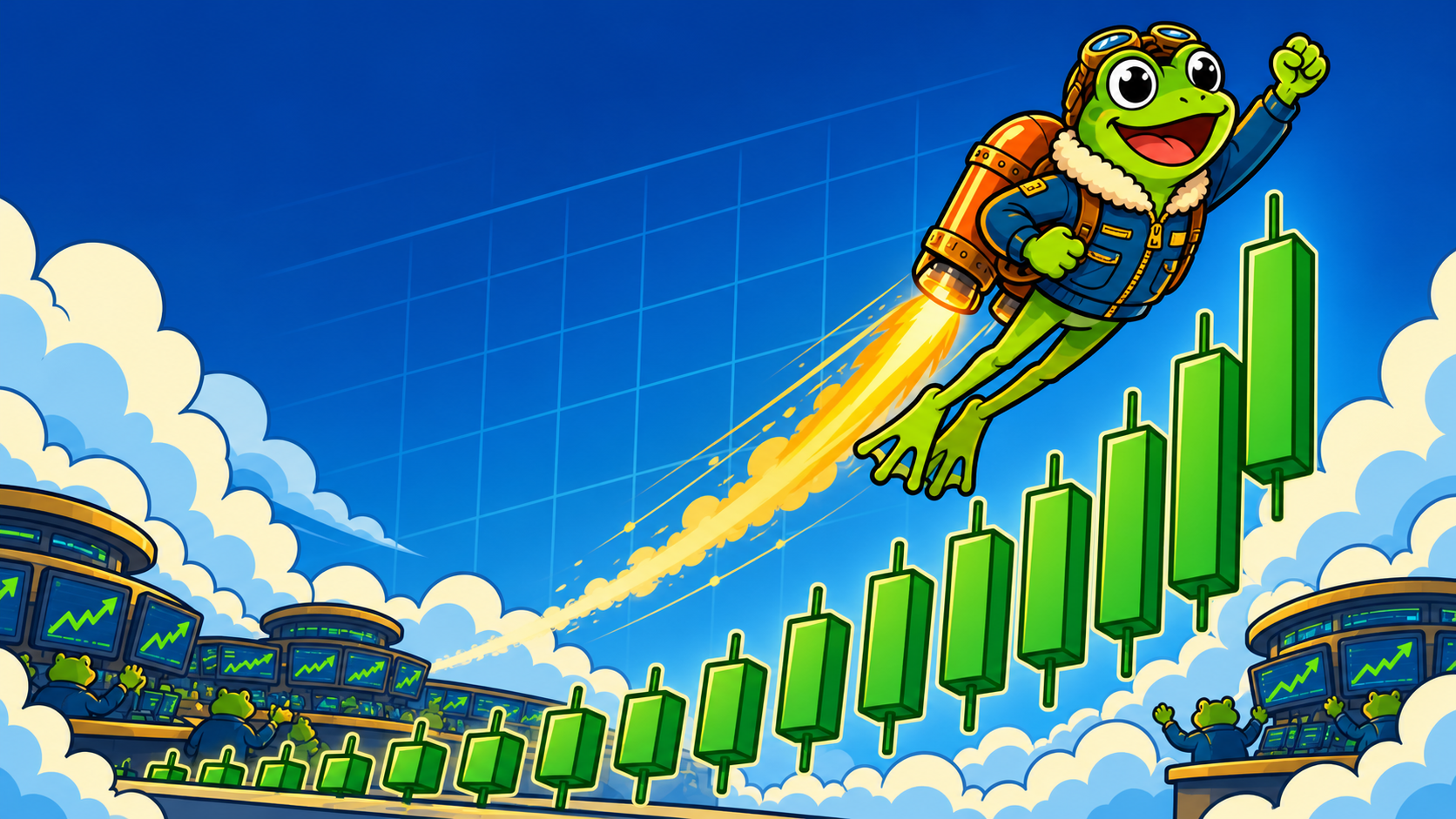 Kip the jetpack frog flying upward above a rising series of green market candles