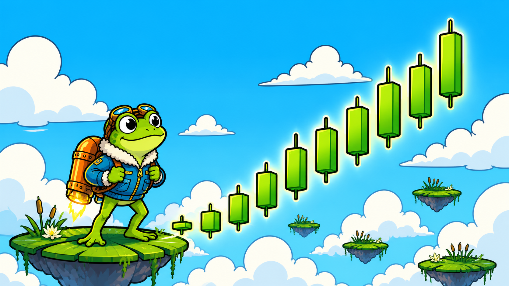 Kip standing on a floating lily pad, watching rising green candles and preparing his jetpack for flight